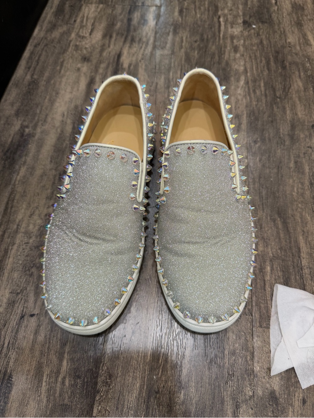 Christian Louboutin Silver Glitter Spike-Trim Slip-On Flats